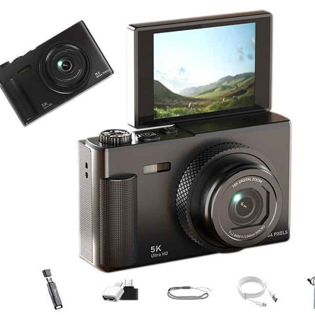 5K Digital Camera 18X Zoom Flip Screen Shoot Camera 64GB Memory Card-Black