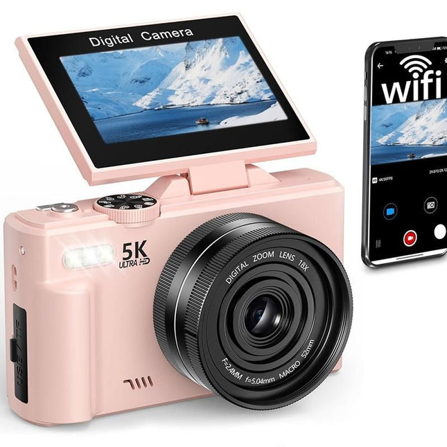 5K Digital Camera with 180-degree Flip Screen Vlogging Camera for YouTube -Pink