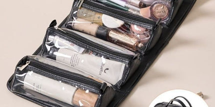 4-in-1 Travel Makeup Bag, Waterproof Foldable Large-Capacity Cosmetic Organizer, Hanging Wash Bag - Black