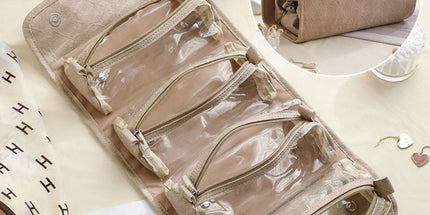 4-in-1 Travel Makeup Bag, Waterproof Foldable Large-Capacity Cosmetic Organizer, Hanging Wash Bag - Camel