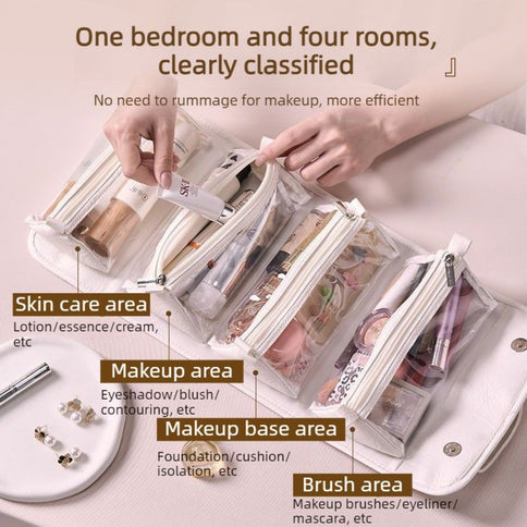 4-in-1 Travel Makeup Bag, Waterproof Foldable Large-Capacity Cosmetic Organizer, Hanging Wash Bag - Camel