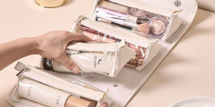 4-in-1 Travel Makeup Bag, Waterproof Foldable Large-Capacity Cosmetic Organizer, Hanging Wash Bag - Camel