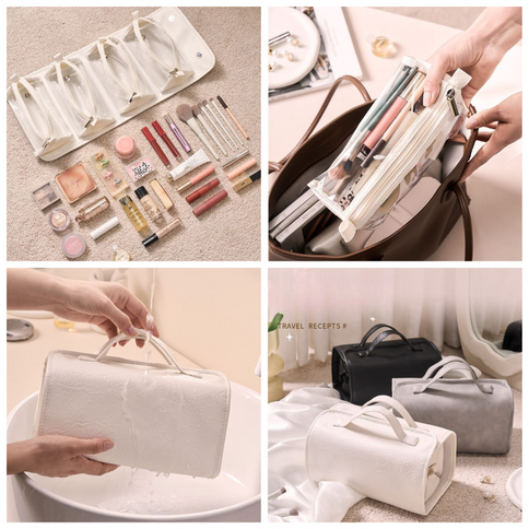 4-in-1 Travel Makeup Bag, Waterproof Foldable Large-Capacity Cosmetic Organizer, Hanging Wash Bag - Camel