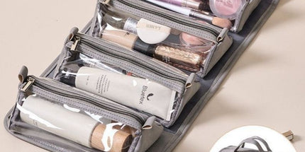 4-in-1 Travel Makeup Bag, Waterproof Foldable Large Capacity Cosmetic Organizer, Hanging Wash Bag—Gray