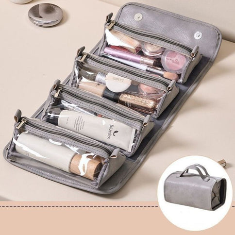 4-in-1 Travel Makeup Bag, Waterproof Foldable Large Capacity Cosmetic Organizer, Hanging Wash Bag—Gray
