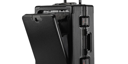 20 Inch Front Opening Carry On Luggage, Aluminium Frame Hard Shell Suitcase with Spinner Wheels, TSA Lock Cabin Travel Case-Black