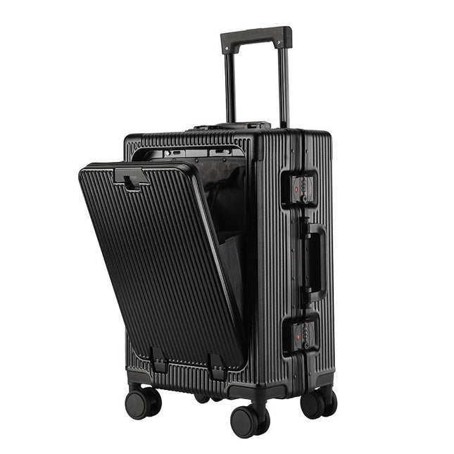 20 Inch Front Opening Carry On Luggage, Aluminium Frame Hard Shell Suitcase with Spinner Wheels, TSA Lock Cabin Travel Case-Black