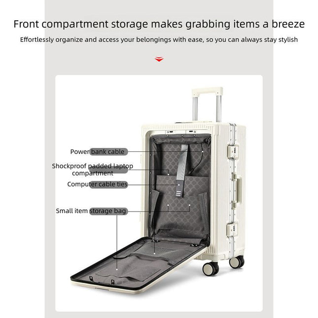 20 Inch Front Opening Carry On Luggage, Aluminium Frame Hard Shell Suitcase with Spinner Wheels, TSA Lock Cabin Travel Case-Black