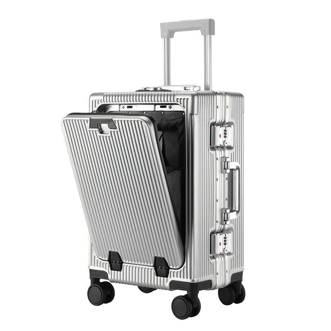 20 Inch Front Opening Carry On Luggage, Aluminium Frame Hard Shell Suitcase with Spinner Wheels, TSA Lock Cabin Travel Case-Light Gray