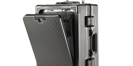 20 Inch Front Opening Carry On Luggage, Aluminium Frame Hard Shell Suitcase with Spinner Wheels, TSA Lock Cabin Travel Case-Dark Gray