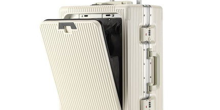 20 Inch Front Opening Carry On Luggage, Aluminium Frame Hard Shell Suitcase with Spinner Wheels, TSA Lock Cabin Travel Case-White