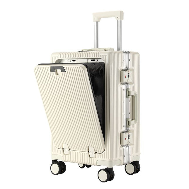 20 Inch Front Opening Carry On Luggage, Aluminium Frame Hard Shell Suitcase with Spinner Wheels, TSA Lock Cabin Travel Case-White