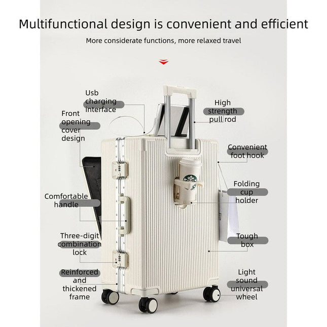 20 Inch Front Opening Carry On Luggage, Aluminium Frame Hard Shell Suitcase with Spinner Wheels, TSA Lock Cabin Travel Case-White