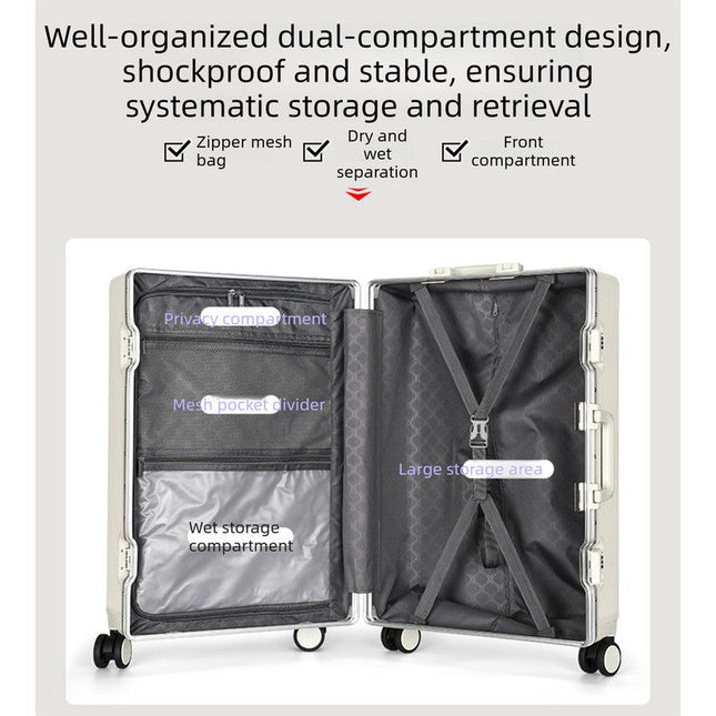 20 Inch Front Opening Carry On Luggage, Aluminium Frame Hard Shell Suitcase with Spinner Wheels, TSA Lock Cabin Travel Case-White