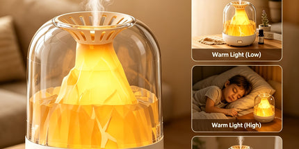 【900ML 3-in-1 Humidifier】 & Essential Oil Diffuser with Night Light, USB Powered Quiet Cool Mist Humidifier for Bedroom Office Home, Volcano Flame Effect Aromatherapy Humidifier, 36dB Low Noise, Large Capacity