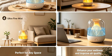 【900ML 3-in-1 Humidifier】 & Essential Oil Diffuser with Night Light, USB Powered Quiet Cool Mist Humidifier for Bedroom Office Home, Volcano Flame Effect Aromatherapy Humidifier, 36dB Low Noise, Large Capacity