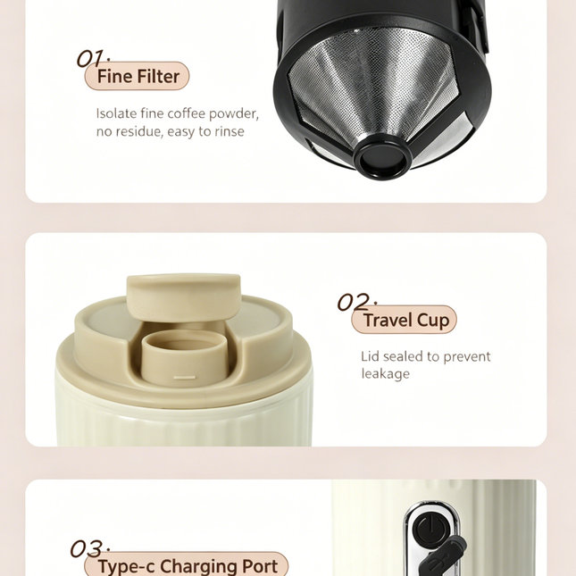 【Portable Electric Coffee Maker, All-in-One Grinder & Brewer with 7 External Adjustable Grind Settings, 1500mAh Rechargeable Battery, 304 Stainless Steel Cordless Drip Coffee Machine for Home Office Travel Camping】
