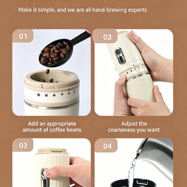 【Portable Electric Coffee Maker, All-in-One Grinder & Brewer with 7 External Adjustable Grind Settings, 1500mAh Rechargeable Battery, 304 Stainless Steel Cordless Drip Coffee Machine for Home Office Travel Camping】