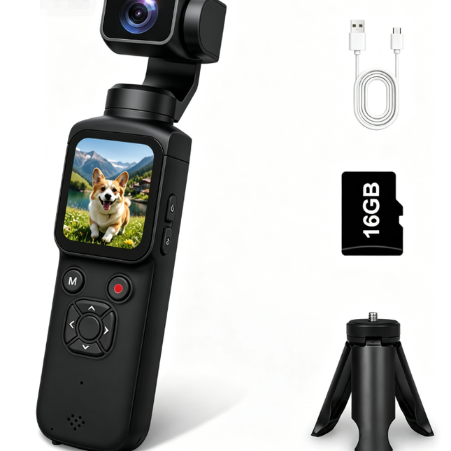 AT-M105 Pocket Gimbal Vlog Camera, 4K HD Handheld Video Camera，black，16GB