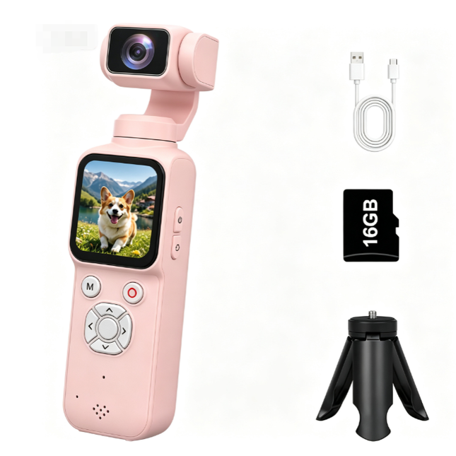 AT-M105 Pocket Gimbal Vlog Camera, 4K HD Handheld Video Camera，pink，16GB