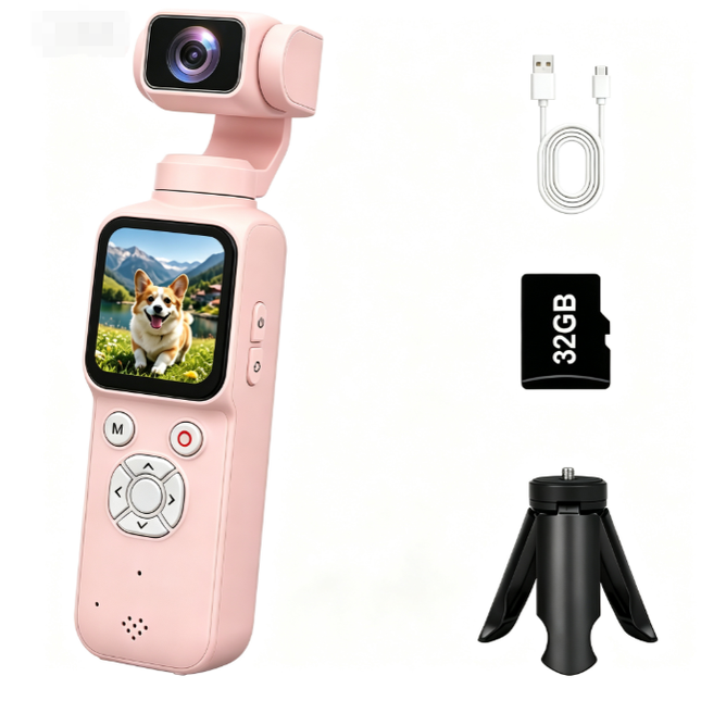 AT-M105 Pocket Gimbal Vlog Camera, 4K HD Handheld Video Camera，pink，32GB