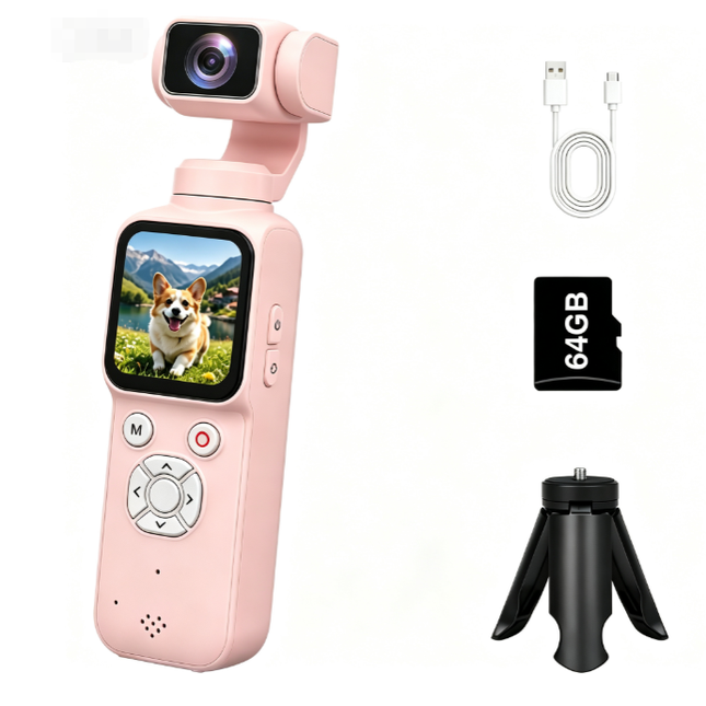 AT-M105 Pocket Gimbal Vlog Camera, 4K HD Handheld Video Camera，pink，64GB
