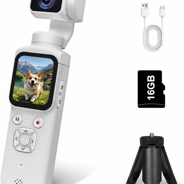 AT-M105 Pocket Gimbal Vlog Camera, 4K HD Handheld Video Camera，white，16GB