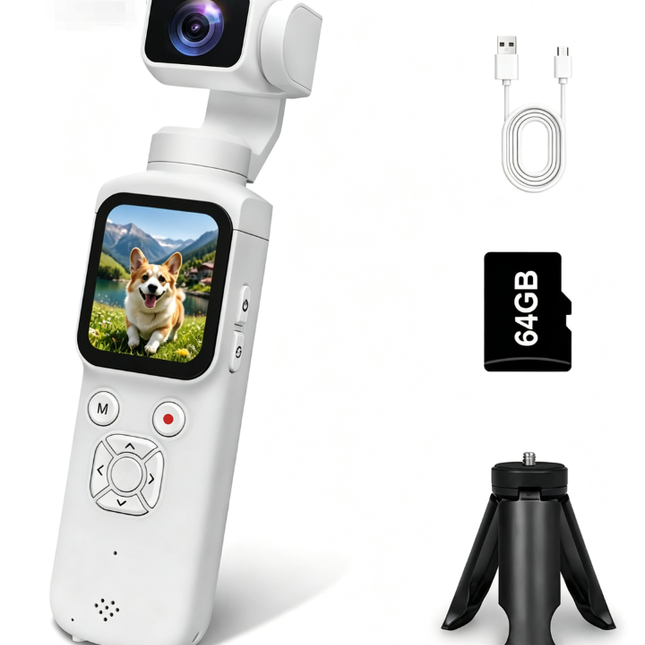 AT-M105 Pocket Gimbal Vlog Camera, 4K HD Handheld Video Camera，white，64GB