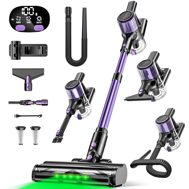 Cordless Vacuum Cleaner, 10 in 1 Stick Vacuum with Powerful Suction, Hose, Green LED Light, Anti-Tangle Brush, 55Kpa Lightweight Rechargeable Vacuum Cleaner for Home, Hardwood Floors, Carpets, Pet Hair.