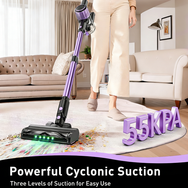 Cordless Vacuum Cleaner, 10 in 1 Stick Vacuum with Powerful Suction, Hose, Green LED Light, Anti-Tangle Brush, 55Kpa Lightweight Rechargeable Vacuum Cleaner for Home, Hardwood Floors, Carpets, Pet Hair.