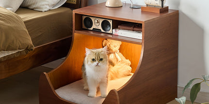 Bedside Table with Wireless Charging Station,LED Nightstand with Open Storage Drawers for Small Cats and Dogs Bed, Cozy Home for Living Room, Bedroom, Office, Sofa Side