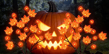 Solar Maple Leaf Branch Lights with 20 Warm LEDs, 8 Lighting Modes & IP65 Waterproof, Auto On/Off Garden Pathway Decor for Fall Harvest and Halloween Ambiance (3PCS, Pumpkin-Small  Maple)