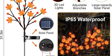 Solar Maple Leaf Branch Lights with 20 Warm LEDs, 8 Lighting Modes & IP65 Waterproof, Auto On/Off Garden Pathway Decor for Fall Harvest and Halloween Ambiance (3PCS, Pumpkin-Small  Maple)