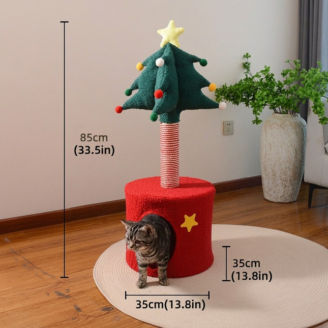 Festive Christmas Tree Cat Scratcher and Cozy Hideaway Condo – All-in-One Cat Furniture with Plush Cave, Durable Sisal Scratching Post, and Hanging Pom-Pom Toys for Indoor Felines (35*35*85cm)