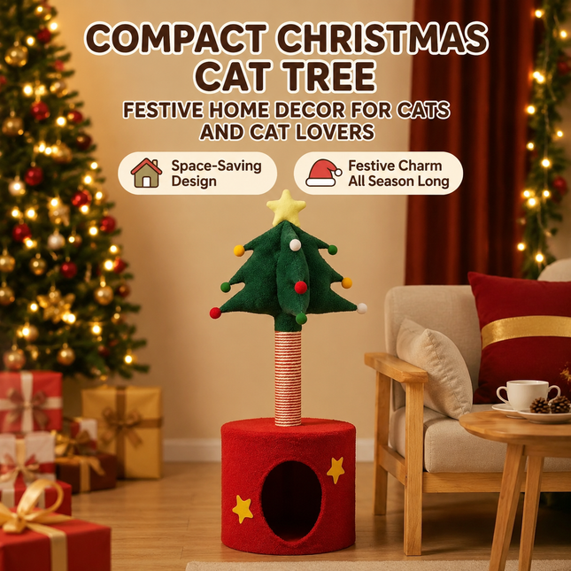 Festive Christmas Tree Cat Scratcher and Cozy Hideaway Condo – All-in-One Cat Furniture with Plush Cave, Durable Sisal Scratching Post, and Hanging Pom-Pom Toys for Indoor Felines (35*35*85cm)