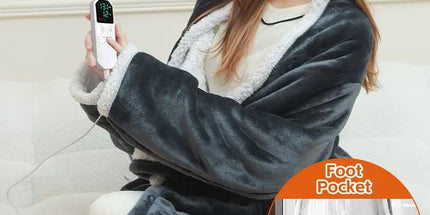 Cozy Wearable Heated Blanket with Sleeves and Foot Pocket – Reversible Fleece & Sherpa, Adjustable Temperature & Timer, Perfect for Sofa, Desk, Bed, Indoor Use (Grey)