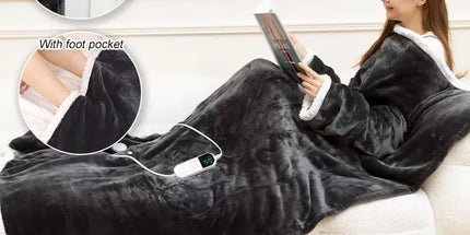 Cozy Wearable Heated Blanket with Sleeves and Foot Pocket – Reversible Fleece & Sherpa, Adjustable Temperature & Timer, Perfect for Sofa, Desk, Bed, Indoor Use (Grey)
