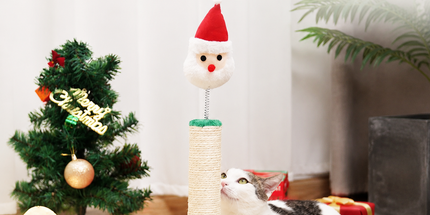 Cat Christmas Tree Scratcher Post with Spring Bobbing Head and Hanging Ball, Festive Santa and Candy Cane Design, Durable Sisal Rope, No-Mess Scratching, Interactive Indoor Cat Toy and Holiday Decor (30*57CM)