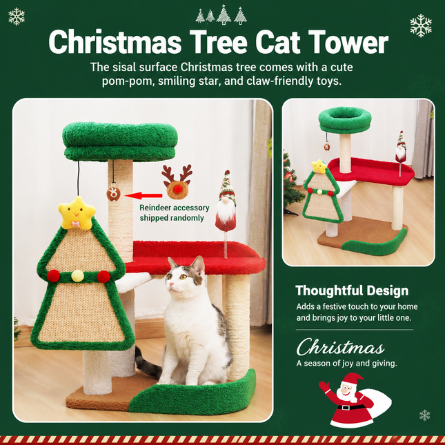 Festive Christmas Cat Tree with Multi-Level Scratching Posts, Cozy Top Perch, and Dangling Toys – A Holiday-Themed Play Center That Brings Seasonal Cheer While Satisfying Your Cat's Natural Instincts to Climb, Scratch, and Lounge (50*40*75CM)