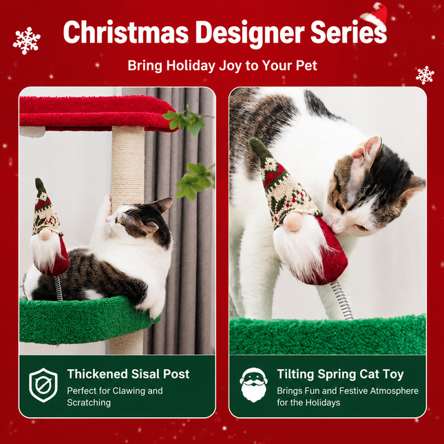 Festive Christmas Cat Tree with Multi-Level Scratching Posts, Cozy Top Perch, and Dangling Toys – A Holiday-Themed Play Center That Brings Seasonal Cheer While Satisfying Your Cat's Natural Instincts to Climb, Scratch, and Lounge (50*40*75CM)