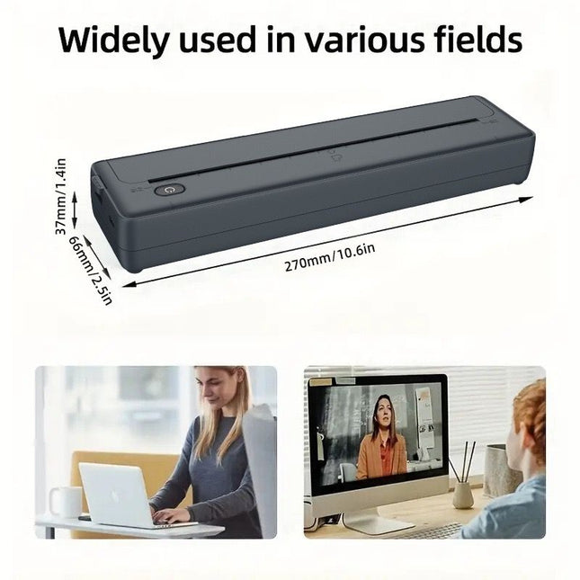 Portable A4 Thermal Printer with Bluetooth Wireless Connectivity, Inkless Printing for Home, Office, and Tattoo Transfer Use on Paper and Various Media (Black)