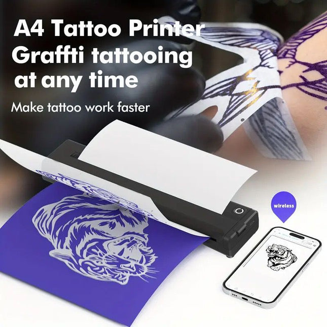 Portable A4 Thermal Printer with Bluetooth Wireless Connectivity, Inkless Printing for Home, Office, and Tattoo Transfer Use on Paper and Various Media (Black)