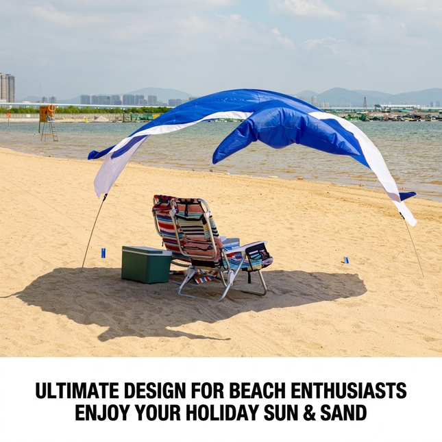 Whale-Shaped Beach Wind Shelter – Ultra-Light 1 kg Portable Sun Shade Tent, Spacious for 2-3 People, Quick Setup Open Design for Seaside Relaxation and Family Outings (Blue)