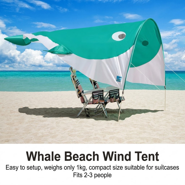 Whale-Shaped Beach Wind Shelter – Ultra-Light 1 kg Portable Sun Shade Tent, Spacious for 2-3 People, Quick Setup Open Design for Seaside Relaxation and Family Outings (Blue)
