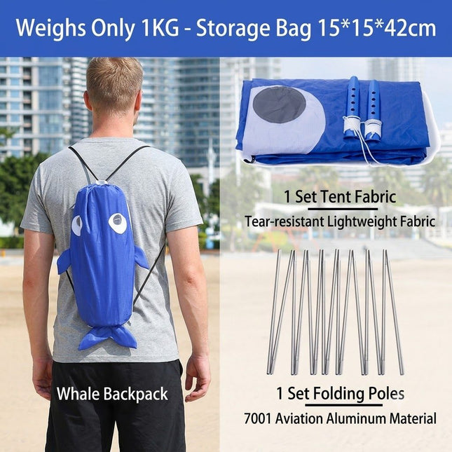 Whale-Shaped Beach Wind Shelter – Ultra-Light 1 kg Portable Sun Shade Tent, Spacious for 2-3 People, Quick Setup Open Design for Seaside Relaxation and Family Outings (Green)