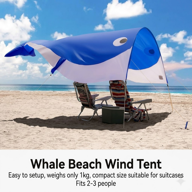 Whale-Shaped Beach Wind Shelter – Ultra-Light 1 kg Portable Sun Shade Tent, Spacious for 2-3 People, Quick Setup Open Design for Seaside Relaxation and Family Outings (Pink)