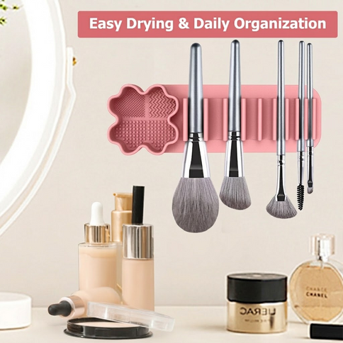 Multi-Functional Silicone Makeup Brush Holder and Cleaning Pad That Sticks to Mirrors, Tiles, and Smooth Surfaces for Quick Washing, Organized Storage, and No-Mess Drip-Drying Beauty Tools (Grey)