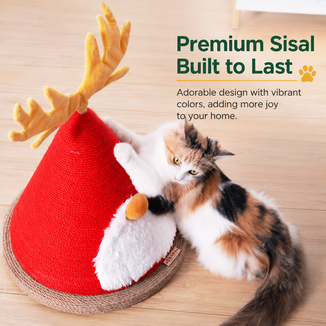 Delight Your Feline Friend with a Christmas Tree Cat Scratching Post – A Festive Conical Sisal Playground Complete with Plush Antlers, Whiskers, and a Sturdy Round Base, Perfect for Holiday Scratching, Climbing, and Home Decoration. (Red)