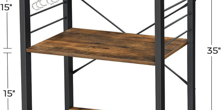 Kitchen Baker's Rack,  3-Tier Serving Cart with Metal Frame and 6 Hooks, Rustic Brown