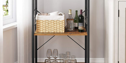 Kitchen Baker's Rack,  3-Tier Serving Cart with Metal Frame and 6 Hooks, Rustic Brown